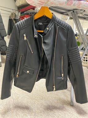 Zara Black Quilted Faux Leather Moto Jacket